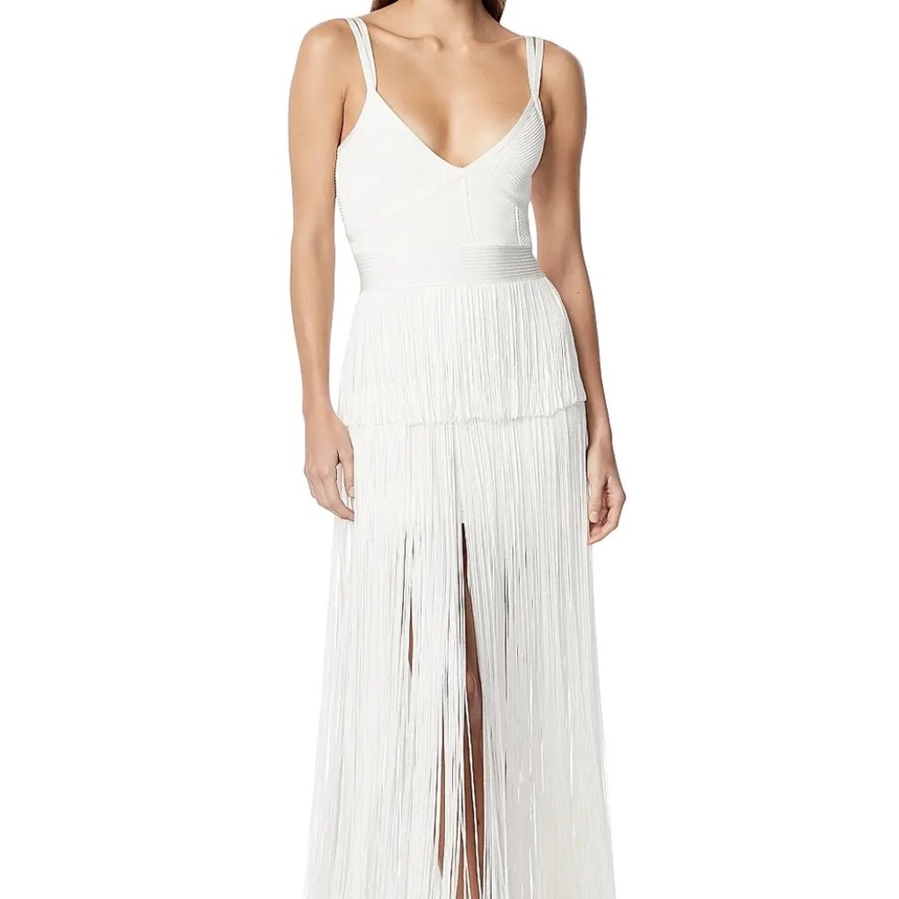 HERVE LEGER CNR8394553 STRAPPY OTTOMAN FRINGE GOWN ALABASTER